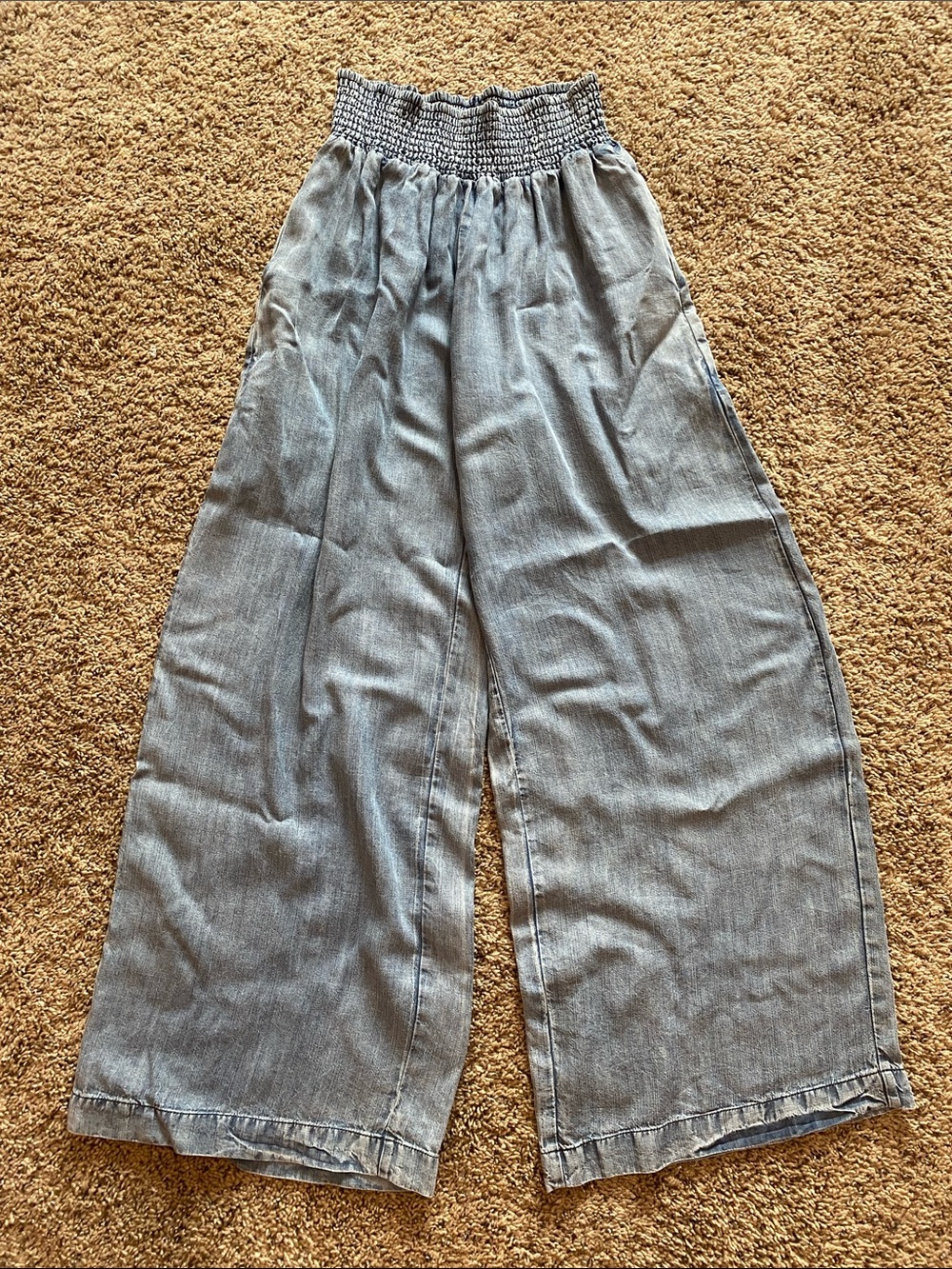 Smocked Waist Wide Leg Jeans - Light Blue